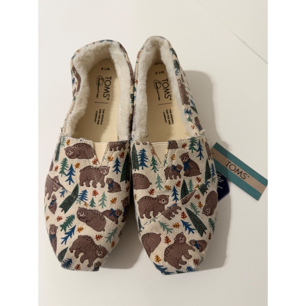TOMS Shoes 7.5 Alpargata Oatmeal Woodland Bears Heathered Knit Faux Fur Slip On